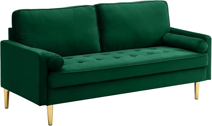 65'’ Velvet Upholstered Loveseat Sofa with Gold Metal Legs Modern Tufted Backrest Couch Solid Wood Frame for Living Room BedroomApartmentOfficeSmall Space (Green)