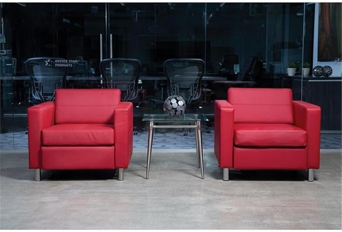 Pemberly Row Contemporary Armchair Dillon Lipstick Red Vinyl Faux Leather Upholstery Silver Finish Metal Legs Box Spring Cushioned Seat 32 W x 30.5 D x 29.5 H Modern Guest or Accent Seating