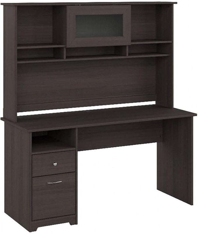 Pemberly Row 60W Computer Desk with Hutch Heather Gray Engineered Wood Built-in Wire Management and Storage File Drawer Fluted Glass Door Home Office Desk 59.45W x 23.19D x 66.3H Inches