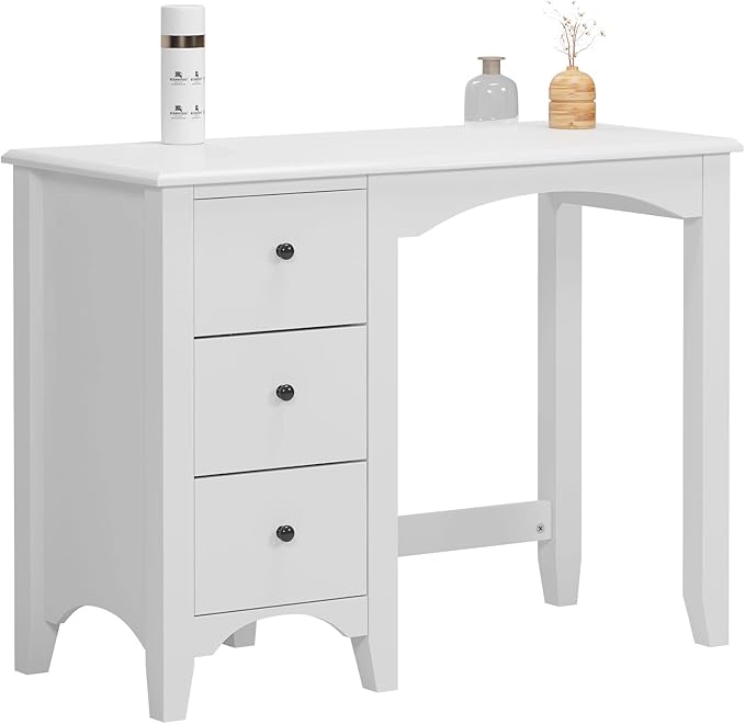 SDHYL 37.4 inches Vanity Table Small Space Teens Study Student Desk Bedroom Home Office Desk with Three Drawers Writing PC Table White S7-CYS-ST005-US