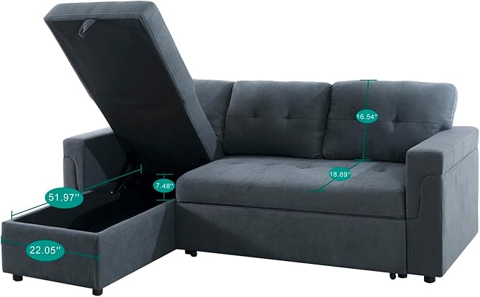 Multifunctional Sectional Sofa with Pull-Out Sleeper Bed &amp Hidden Storage – Reversible Chaise Dark GrayVelvet – Space-Saving Durable Stylish &amp Easy DIY Assembly for Apartments &amp Small H