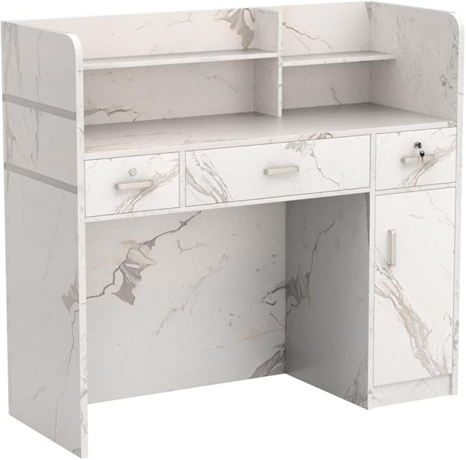 Homsee Modern Reception Desk with 3 Drawers 1 Door Storage Cabinet &amp Hutch Shelf Office Wooden Computer Desk Writing Study Table PC Laptop Desk White Marble (47.3 L x 18.3 W x 43.3 H)