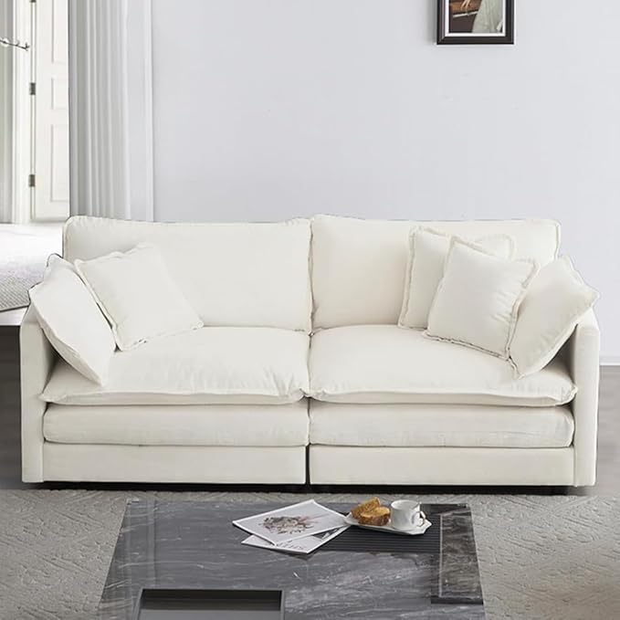 76.7 Loveseat Sofa Couch for Living Room 2 Seat Sectional Couch Cloud Sofa with Thickened Cushion &amp 4 Pillows for Small Spare ApartmentChenille Fabric Cream White