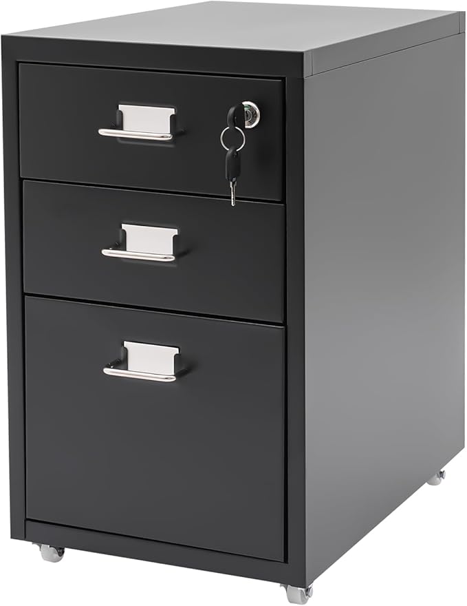 3 Drawer Locking File Cabinet Mobile Storage Organizer with Wheels Under Desk Metal Small Filing Cabinets for Home Office Study Dresser (Black)
