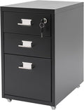 3 Drawer Locking File Cabinet Mobile Storage Organizer with Wheels Under Desk Metal Small Filing Cabinets for Home Office Study Dresser (Black)