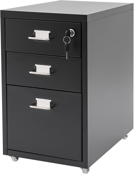 3 Drawer Locking File Cabinet Mobile Storage Organizer with Wheels Under Desk Metal Small Filing Cabinets for Home Office Study Dresser (Black)
