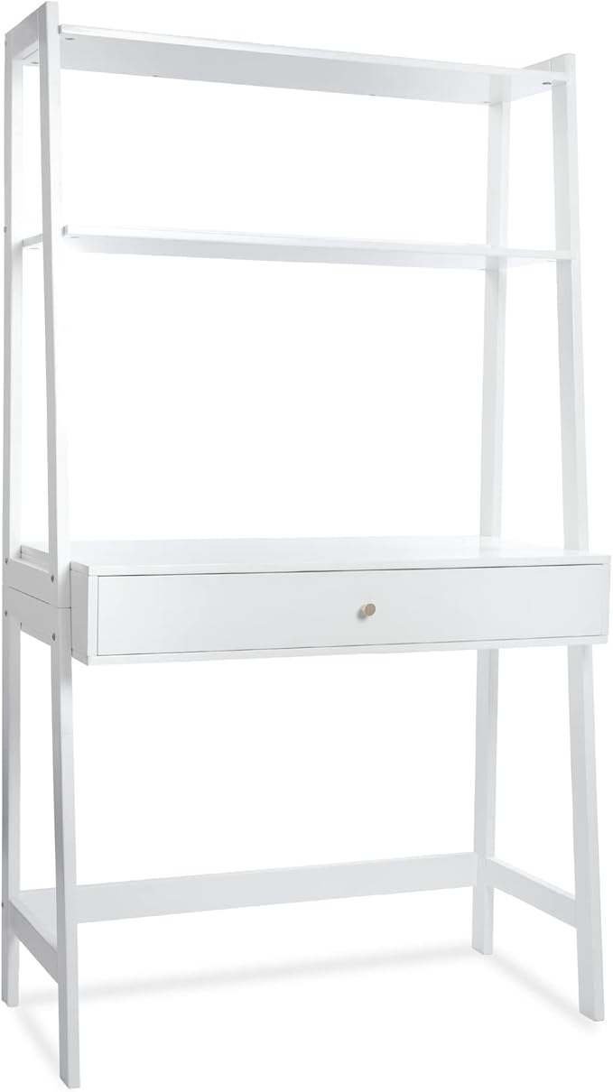 Milliard Ladder Desk with Storage Freestanding Wall Computer Desk with Drawer and Shelves White