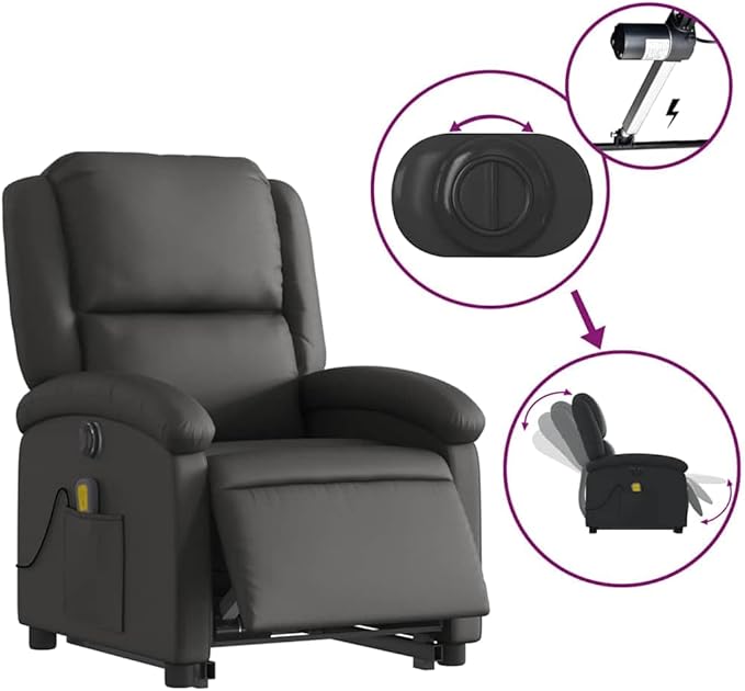 vidaXL Electric Massage Recliner Chair - Black Real Leather Power Lift Assist Vibrating Massage Recliner with Side Pocket Ideal for Living Room or Lounge