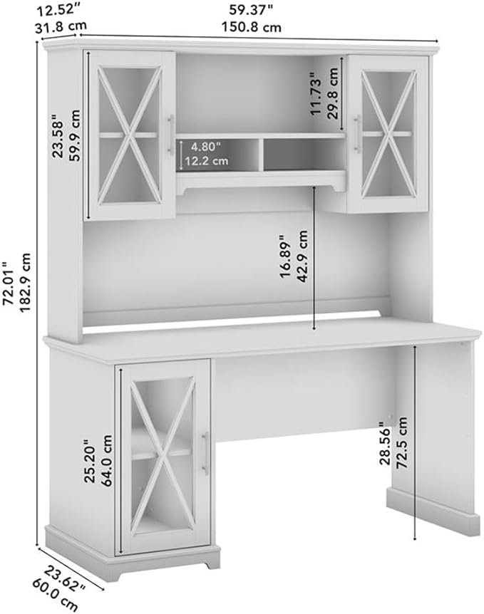 BOWERY HILL 60W Engineered Wood Desk with Hutch and Storage Cabinet Linen White Oak Finish Tempered Glass Door Adjustable Shelves Farmhouse Style Home Office Desk Furniture