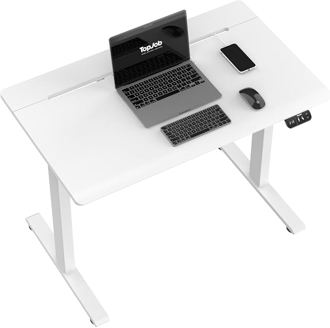 TopJob AnyDesk Hub Electric Standing Desk Height Adjustable Small Desk with Built-in Drawer &amp Wide Desktop Wire Slot &amp Cable Management Curved Waterfall Edge 2 Memory Settings (Cream)
