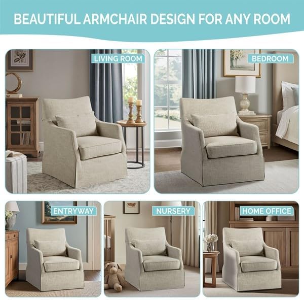 Martha Stewart 360° Mint Swivel Chair Modern Classic Skirted Armchair with Soft Removable Seat Cushions and Lumbar Pillow Rust Resistant Metal Swivel Base for Living Room Bedroom