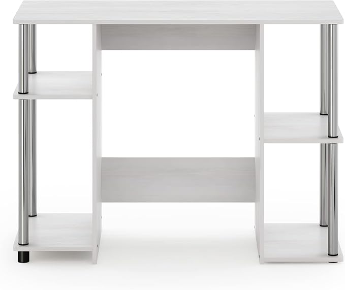 Furinno JAYA Desk 38.4 Wide Gaming Desk Computer Study Desk Office Desk with Side Shelves Open Storage for Home Office Bedroom Dorm Study Room White Oak/Stainless Steel