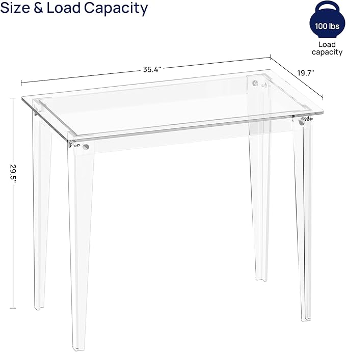 HMYHUM Small Acrylic Computer Desk 35.4 Inch Clear Study Desk for Home Office Writing Vanity Modern Easy Assembly 19.7 W x 29.5 H Right-Angle Legs Design
