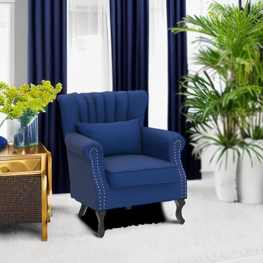 Kmax Blue Accent Chair Velvet Wingback Chair with Pillow Nail-Head Channel Tufted Oversized Club Chair for Living Room Bedroom Guest Room