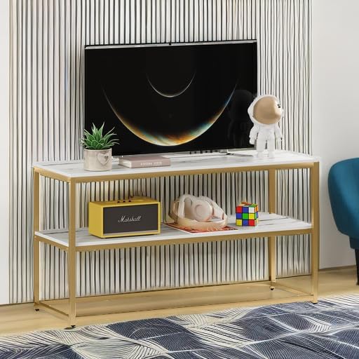 Function Home TV Stand for TVs up to 50 Inch 2 Tier Entertainment Center Modern TV Cabinet with Marble Top and Gold Metal Base 42 Media Console Table with Storage for Living Room Bedroom
