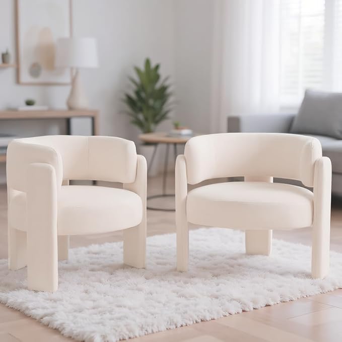 Modern Accent Barrel ChairMid Century Single Armchair with Curved Backrest Upholstered Side Reading Chair with 3 Legs Comfy Sherpa Chair for Bedroom Home Office Living Room (WhiteSet of 2)