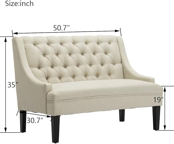 Tongli 50 Small Modern Loveseat Settee Sofa Linen Fabric 2-Seat Sofa Couch Tufted Love Seat Dining Bench with Back Upholstered Banquette Sofas for Living Room Bedroom Small Space Entryway