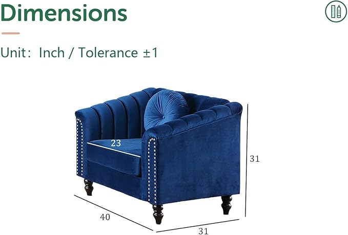 Chesterfield Chair Couch 40 Inch Luxurious Velvet Single Chair Chesterfield Settee Sofa Upholstered Rolled Arm with Rivets/Button Tufted Pillow Modern Sofa for Living RoomBlue