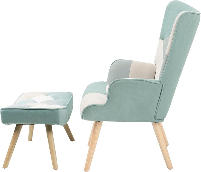 Living Room Chair and Footstool Set Comfortable Side Armchair in The Bedroom with a Creative Patchwork Fabric Surface. (Blue + Solid Wood)