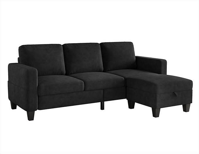 Small Couches for Living Room 78 Convertible L Shaped Couch Black 3 Seater Sofas with Movable Storage Ottoman for Small Space