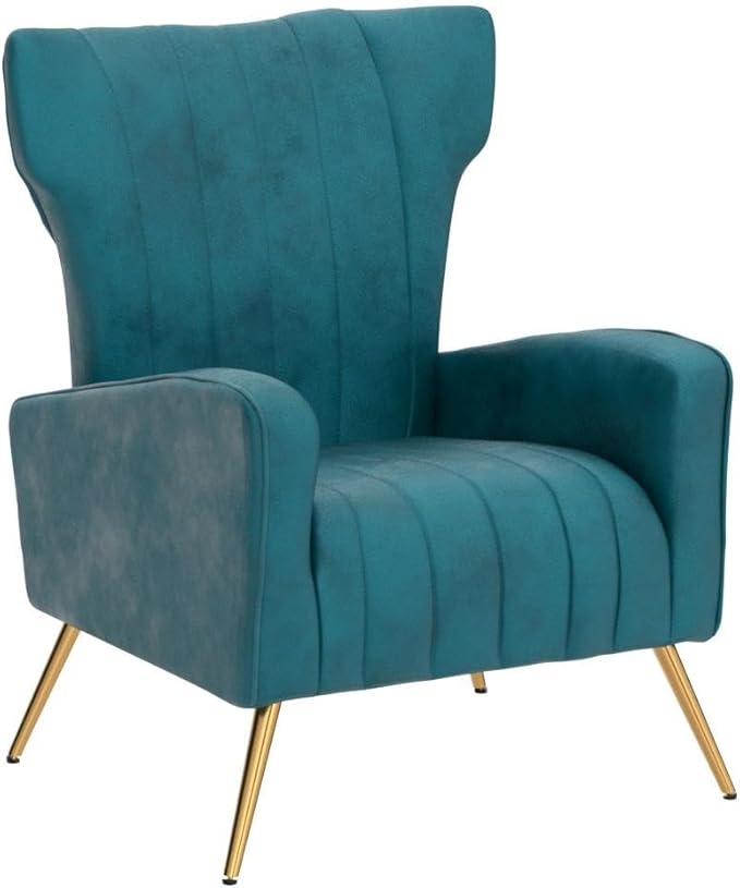 Modern Velvet Accent Chair Channel Tufted Bedroom Office or Living Room Furniture with Elegant Metal Legs 26 Wide Armchair Blueish Green