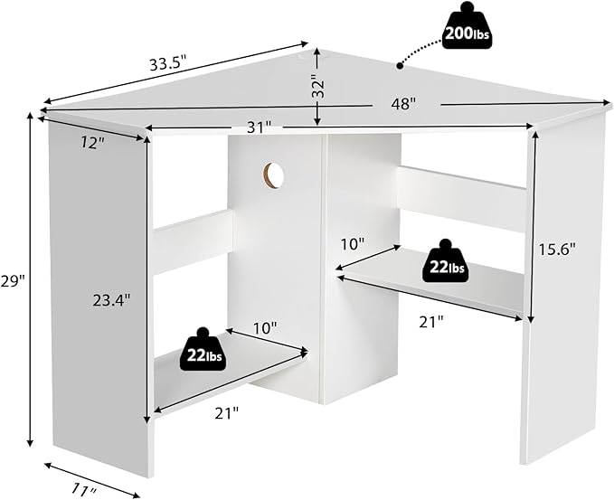 Tangkula White Corner Desk - 90 Degrees Triangle for Computer Small Space Bedroom Makeup Vanity Desk with Storage Shelves &amp CPU Stand Space Saving Writing Desk