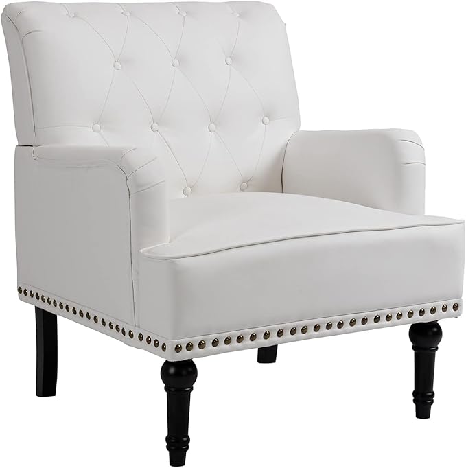 MOJAY PU Leather Accent Chair Mid-Century Armchair Living Room Sofa Chair with Rubber Wood Leg Club Chair with Rivet Trim for Bedroom Reading Room Reception (White)