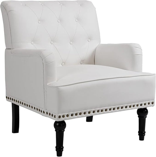 MOJAY PU Leather Accent Chair Mid-Century Armchair Living Room Sofa Chair with Rubber Wood Leg Club Chair with Rivet Trim for Bedroom Reading Room Reception (White)