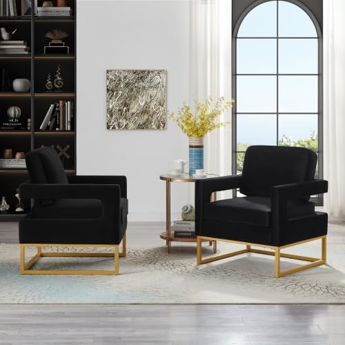 Accent Chair Upholstered for Bedroom: Velvet Living Room Chairs with Gold Metal Base and Open ArmrestBlack