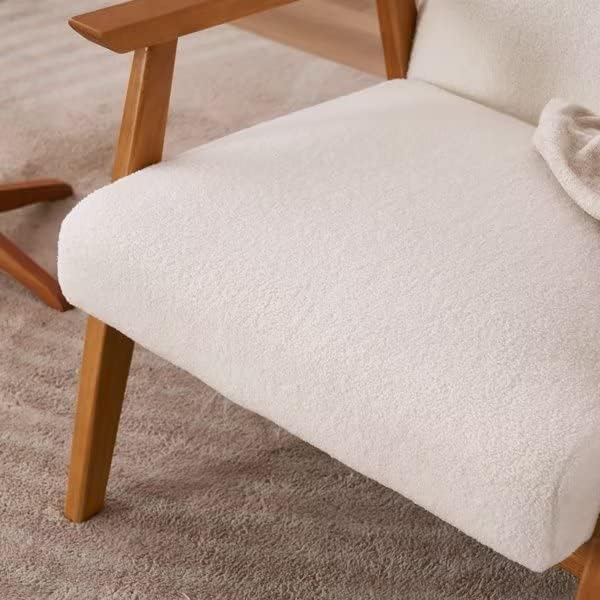 JINS&ampVICO Modern Accent Chair Teddy Velvet Armchair Upholstered Mid Century Lounge Chair with Removable Padded Cushion and Wood Frame Comfy Reading Chair for Living Room/Bedroom Creamy-White
