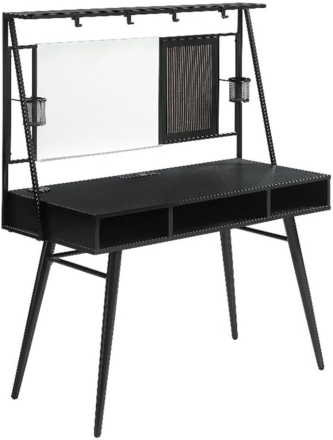 Pemberly Row Wood Writing Desk 57.5 H x 46.5 W x 20.5 D Black and Gunmetal Finish USB Ports Wireless Charger Whiteboard Modern Space-Saving Design Multifunctional Home Office Desk with