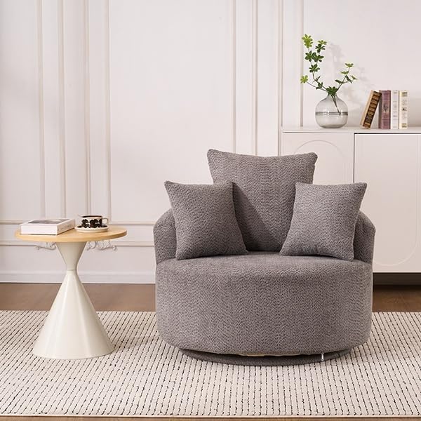 Modern 39 Swivel Barrel Chair Comfy Boucle Upholstered Accent Chair with 360° Rotation Single Sofa with 3 Pillows Ergonomic Design for Living Room Bedroom Office Gray