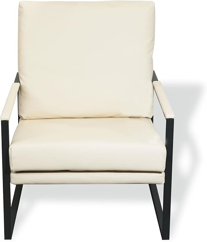 CONSDAN StoneCreek Accent Chair Modern Armchair with Metal Frame Leather Single Sofa Chair with Thick Padded Backrest Upholstered Lounge Chair for Living Room Bedroom Pale Cream White