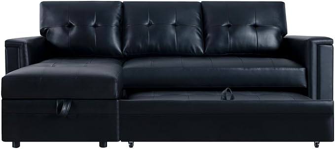 Naomi Home L-Shaped Sectional Sleeper Sofa with USB Ports - Convertible Pull-Out Bed Ample Storage Timeless Design Durable Construction Black/Air Leather