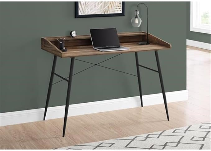 Pemberly Row Computer Desk 48 L Brown Reclaimed Wood Look Metal Base Black Finish Hutch with Shelf and 2 Storage Cubbies Mid-Century Modern Home Office or Bedroom Desk