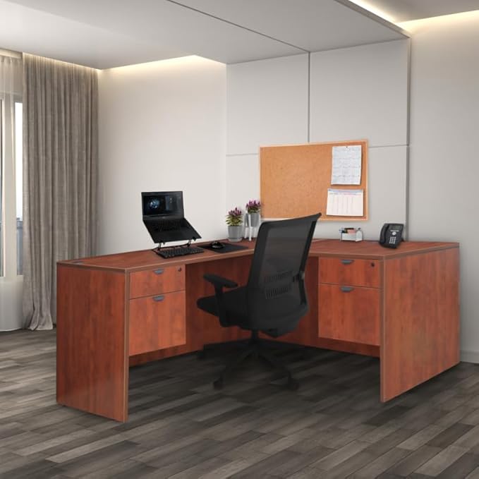 Regency Legacy 66 x 65 Inch L-Shaped Office Desk with Double Pedestal Drawer Unit Durable Cherry Laminate Scratch-Resistant Surface and Spacious Design for Home and Professional Offices