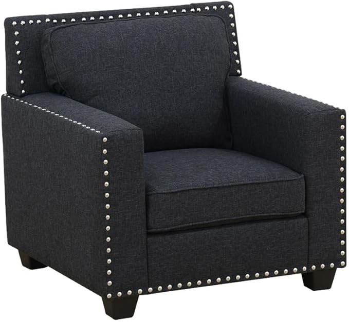 Mid Century Fabric Accent Chair with Arm Rest and Cooper Nail Modern Linen Armchair with High-Density Foam Cushion Comfy Sofa Couch for Small Place/Dorm/Cafe Living Room Couch Set(Black-LinenChair)