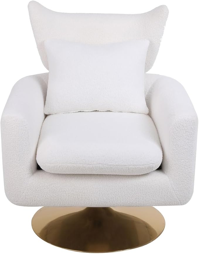 Swivel Accent Chairs for Living Room Mid Century Modern Accent Chair with Arms Comfy Side Chairs for Living Room with Gold Base &amp Lumbar Pillow Upholstered Armchair with Wingback (White)