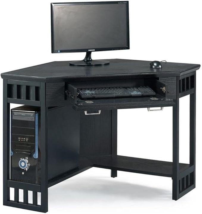 Leick Home 83430 Corner Computer/Writing Desk with Center Keyboard Drawer and Shelf Black Oak