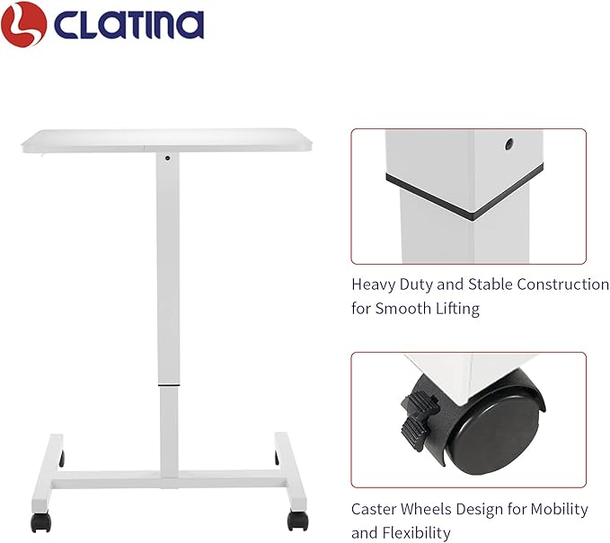 CLATINA Mobile Laptop Standing Desk Pneumatic Stand Table Rolling Adjustable Height Overbed Bedside Table with Lockable Wheels for Home Hospital Office Computer Workstation 28 x 19 Round Edge White