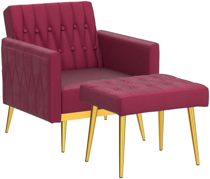 Velvet Accent Chair with Adjustable Armrests and Backrest Button Tufted Lounge Chair Single Recliner Armchair with Ottoman and Pillow for Living Room Bedroom Fuchsia