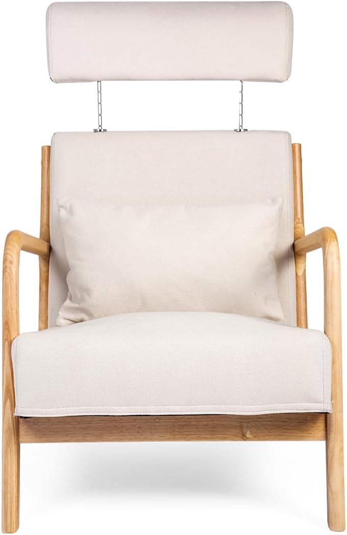 Mid Century Modern Living Room Chair Accent Chair with Extendable Headrest Single Sofa Chair Wood Frame Fabric Armchair Linen Reading Chair Upholstered Lounge Arm Chair (Beige)
