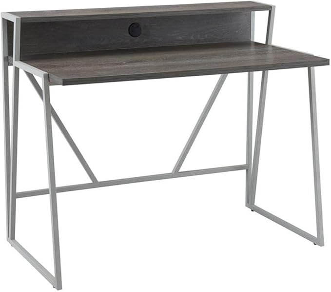 Pemberly Row 44 L x 23.75 W Writing Desk Weathered Wood and Nickel Finish HPL Worksurface Iron Frame MDF Shelf Cable Management 30 Clearance Home Office Desk with Riser Shelf