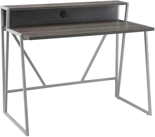 Pemberly Row 44 L x 23.75 W Writing Desk Weathered Wood and Nickel Finish HPL Worksurface Iron Frame MDF Shelf Cable Management 30 Clearance Home Office Desk with Riser Shelf