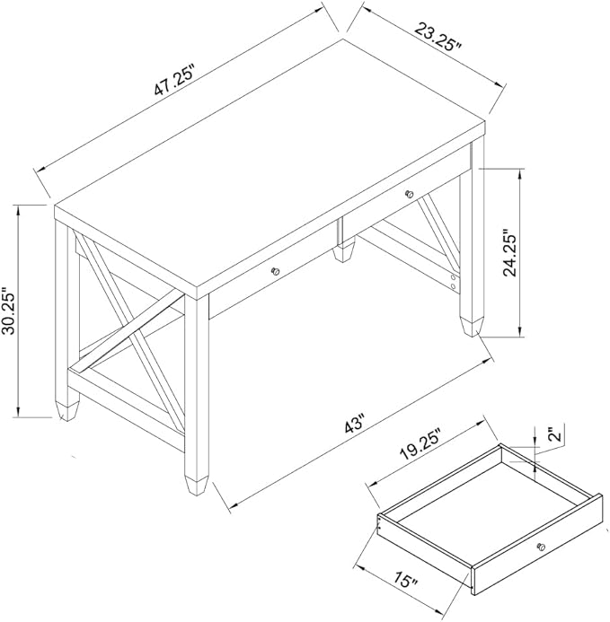 Espresso Home Office Desk with 2 Drawers - 47 Inch Writing Table with X-Brace Legs Wooden Knob Handles and Metal Glides - Modern Computer Desk for Small Spaces