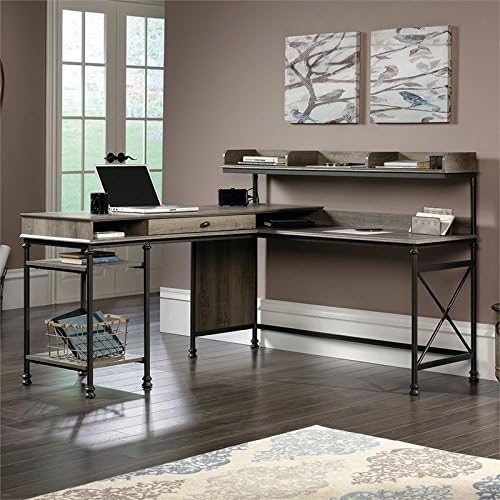 Pemberly Row L-Shape Wood and Metal Computer Desk Northern Oak Finish 60.75 in Wide Built-in USB Ports Cord Management Pencil Drawer Elevated Shelving Industrial Style Home Office Desk