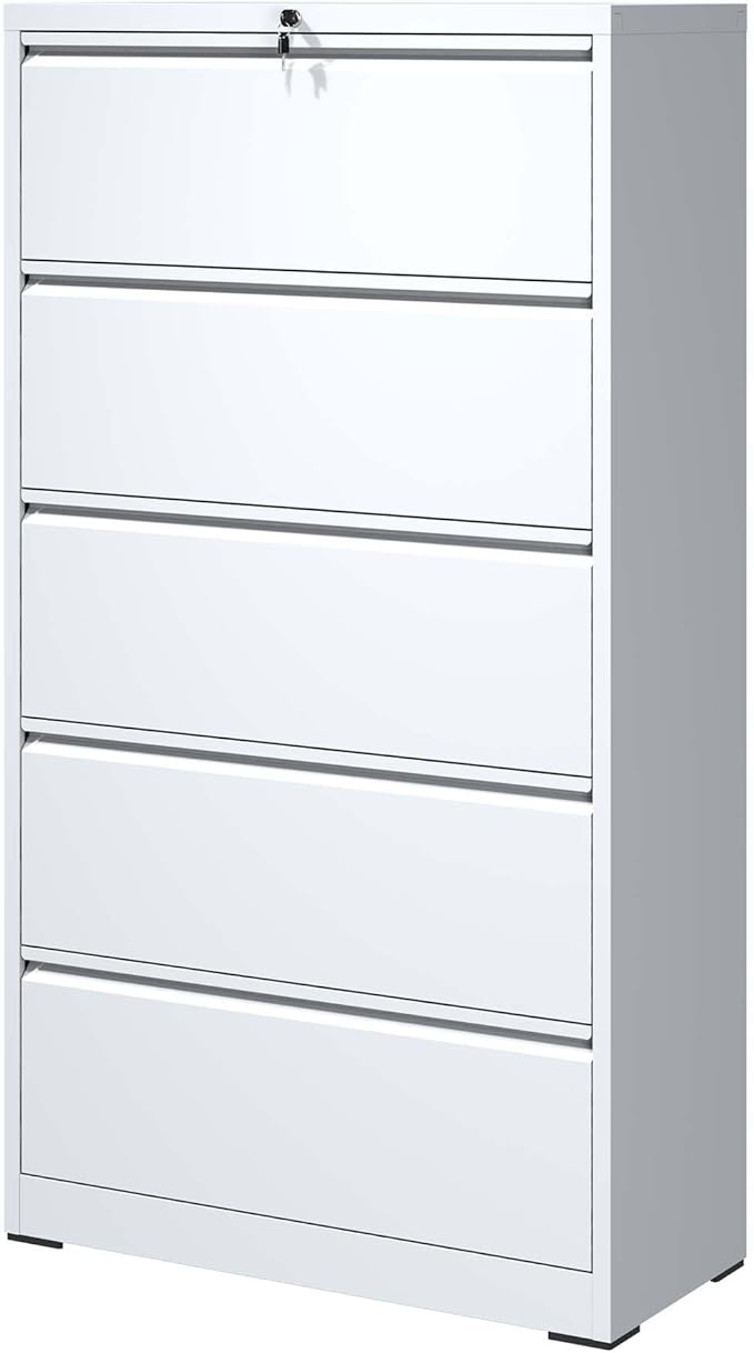 5 Drawer Small File Cabinet with Lock Locking Filing Cabinet for Home Office Under Desk Storage Cabinet Organizer with DrawersWhite