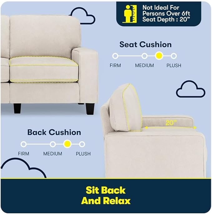 Pemberly Row 61 Track Arm Sofa Loveseat Solid Wood Frame Cream White Upholstery Removable Covers Pocket Coil Seat Cushions Space-Saving Design Modern Classic Style for Living Room or Home