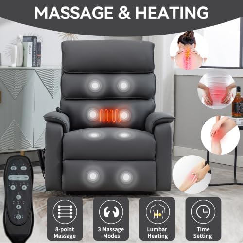 Luxlen Leather Power Lift Recliner Chair for Elderly Dual Motor Lift Chair with Vibration Massage &amp Lumbar Heating Infinite Position Up Recliner with Power-Remote - Faux Leather Gray