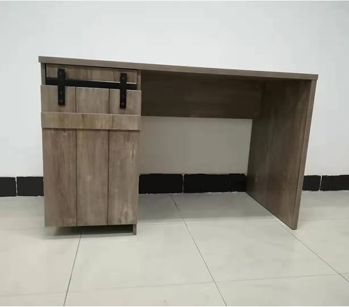 Home Office Desk Hazelnut One Cabinet Three Shelves Faux Barn Door on Metal Euro Hinges Modesty Panel